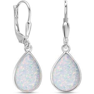 Women's Sterling Silver Drop Created Birthstone Leverback White Teardrop Earring
